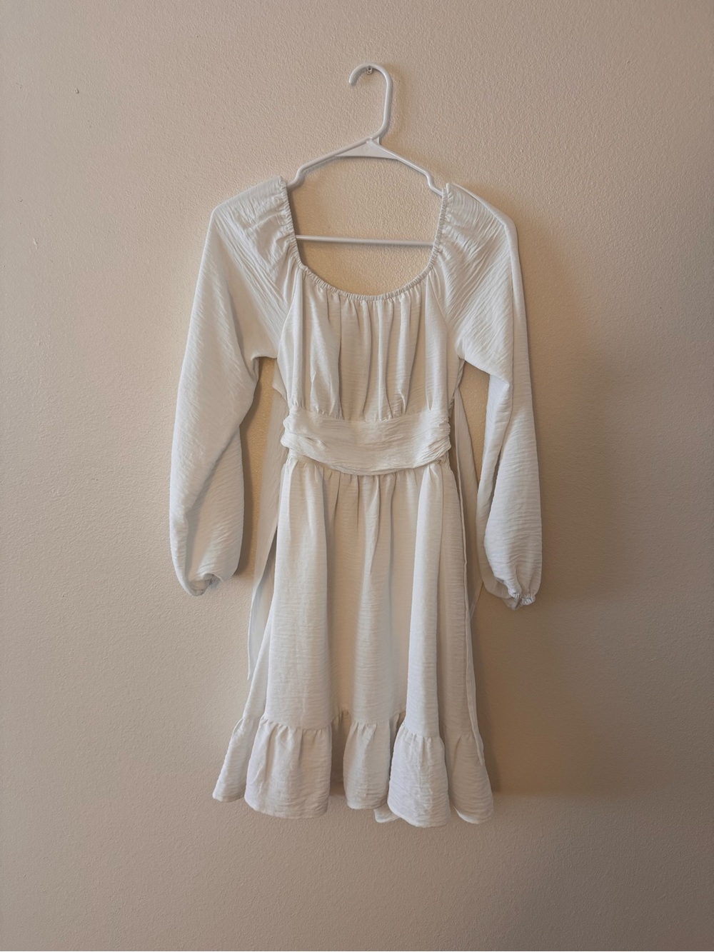 Amazon Cream Long-Sleeve Smocked Waist Ruffle Dress